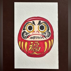 Original Copic Ink Marker  5x7 Inch Daruma Drawing Japanese Japan Handmade Red